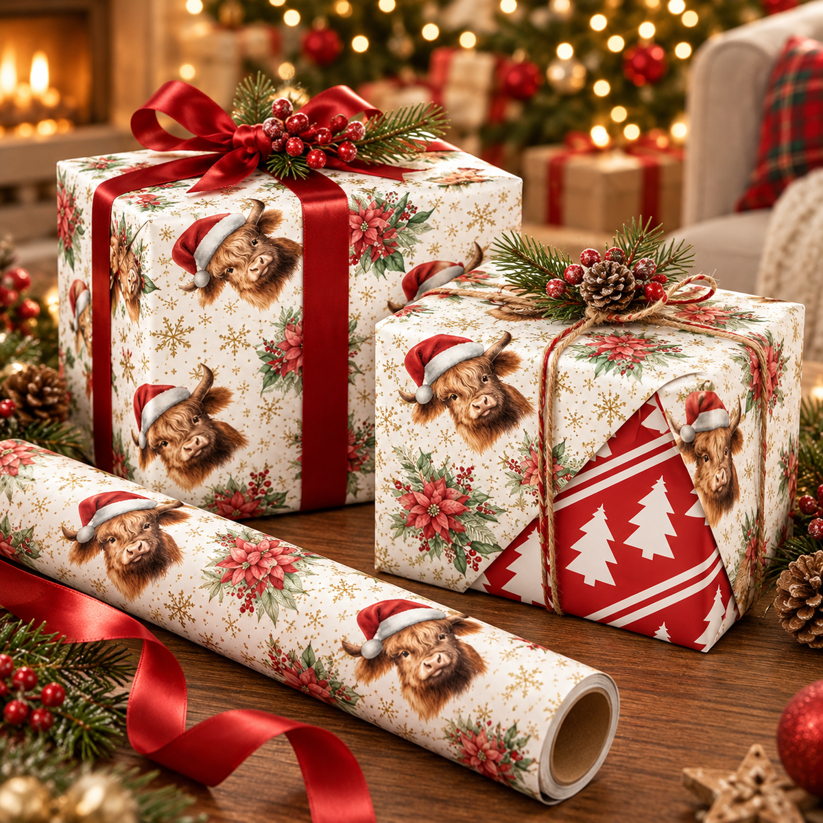 🎄🐮 Christmas Highland Cow & Floral Wrapping Paper Roll – Festive Holiday Gift Wrap