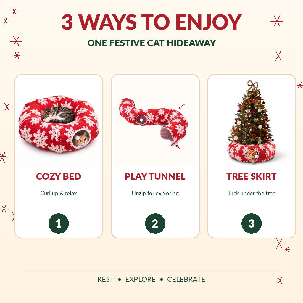 🎄🐾 3-in-1 Christmas Cat Tunnel – Cozy Cat Bed & Festive Tree Skirt