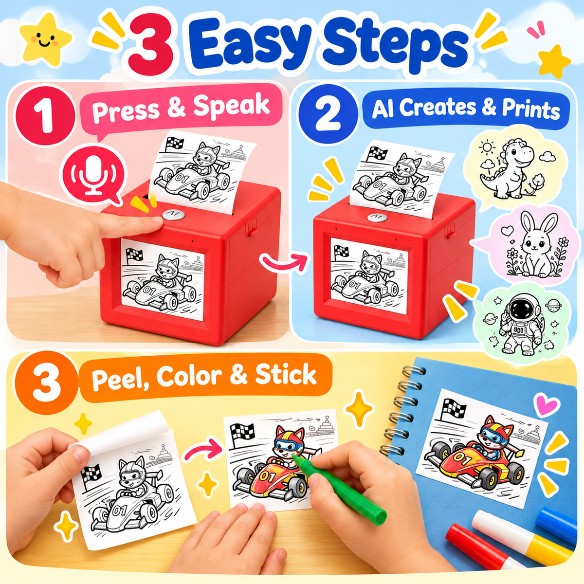 Three illustrated steps for using the AI sticker printer
