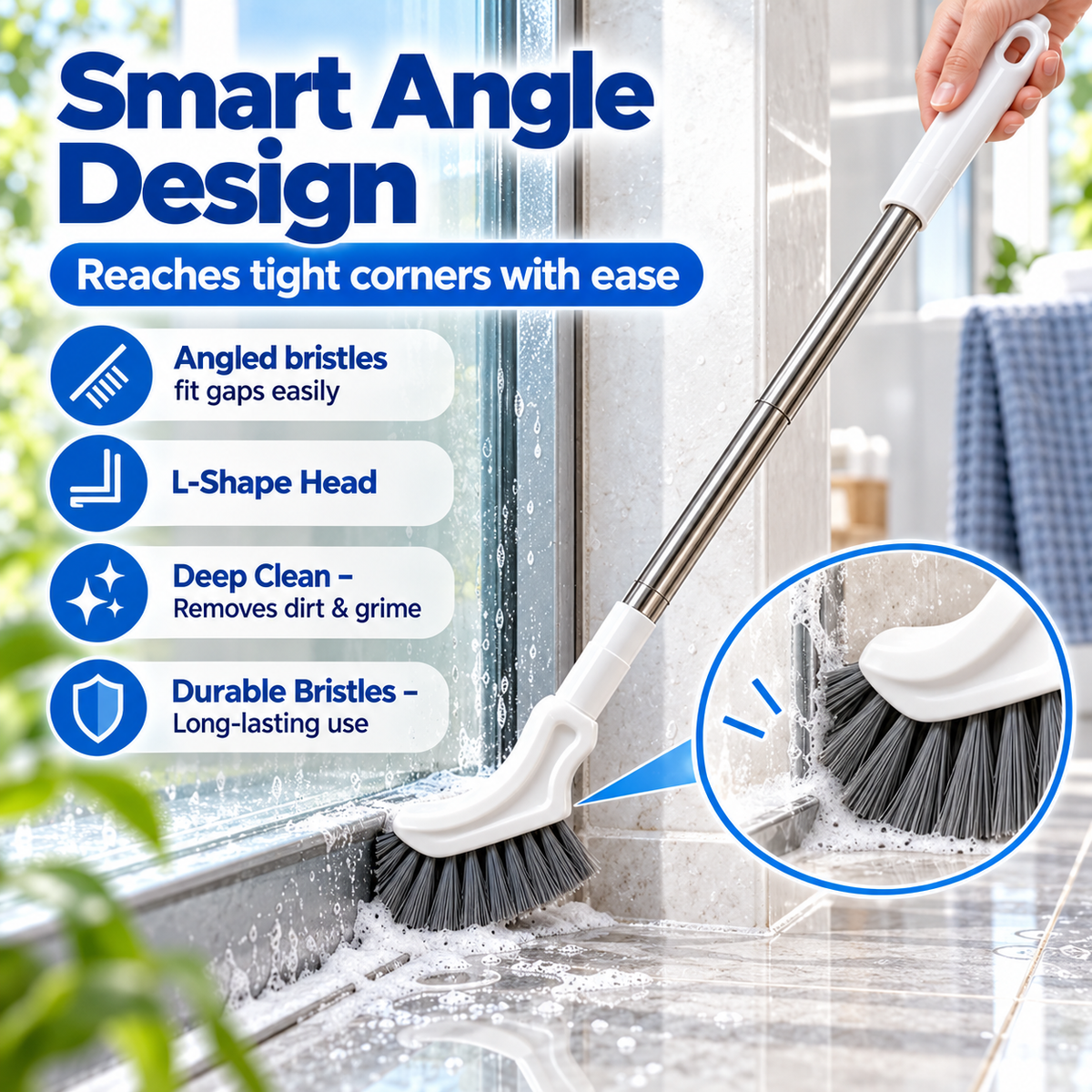 Angled L-shaped crevice cleaning brush