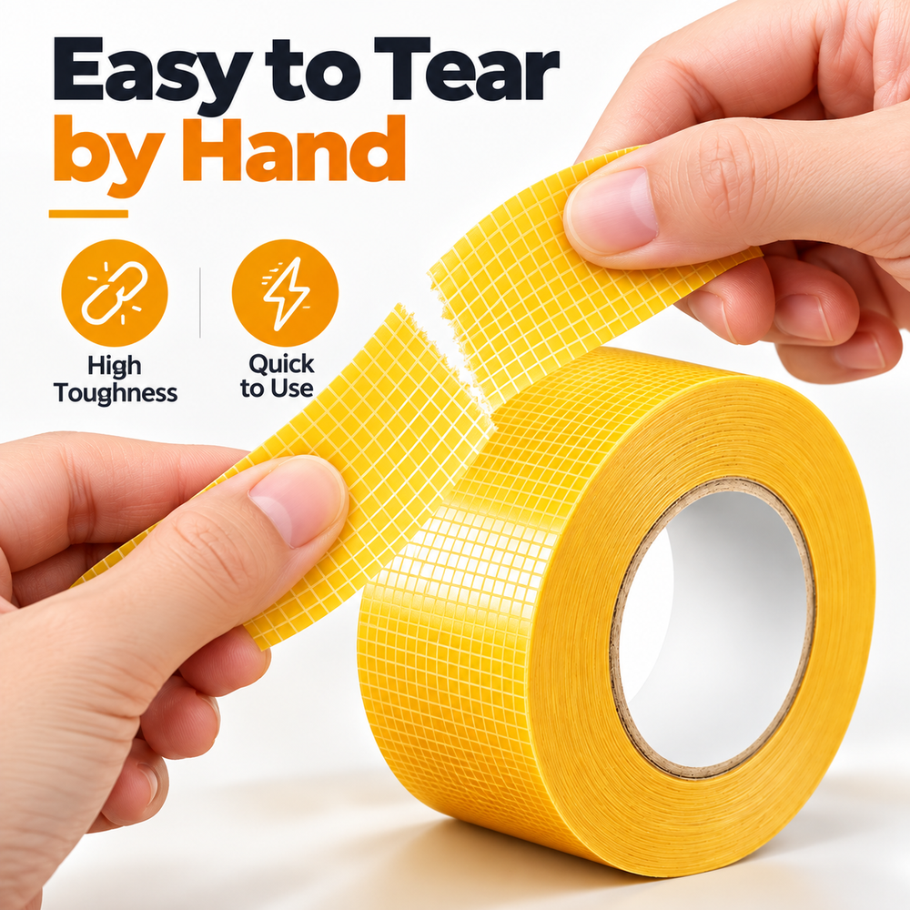 Easy to tear reinforced double sided grid tape
