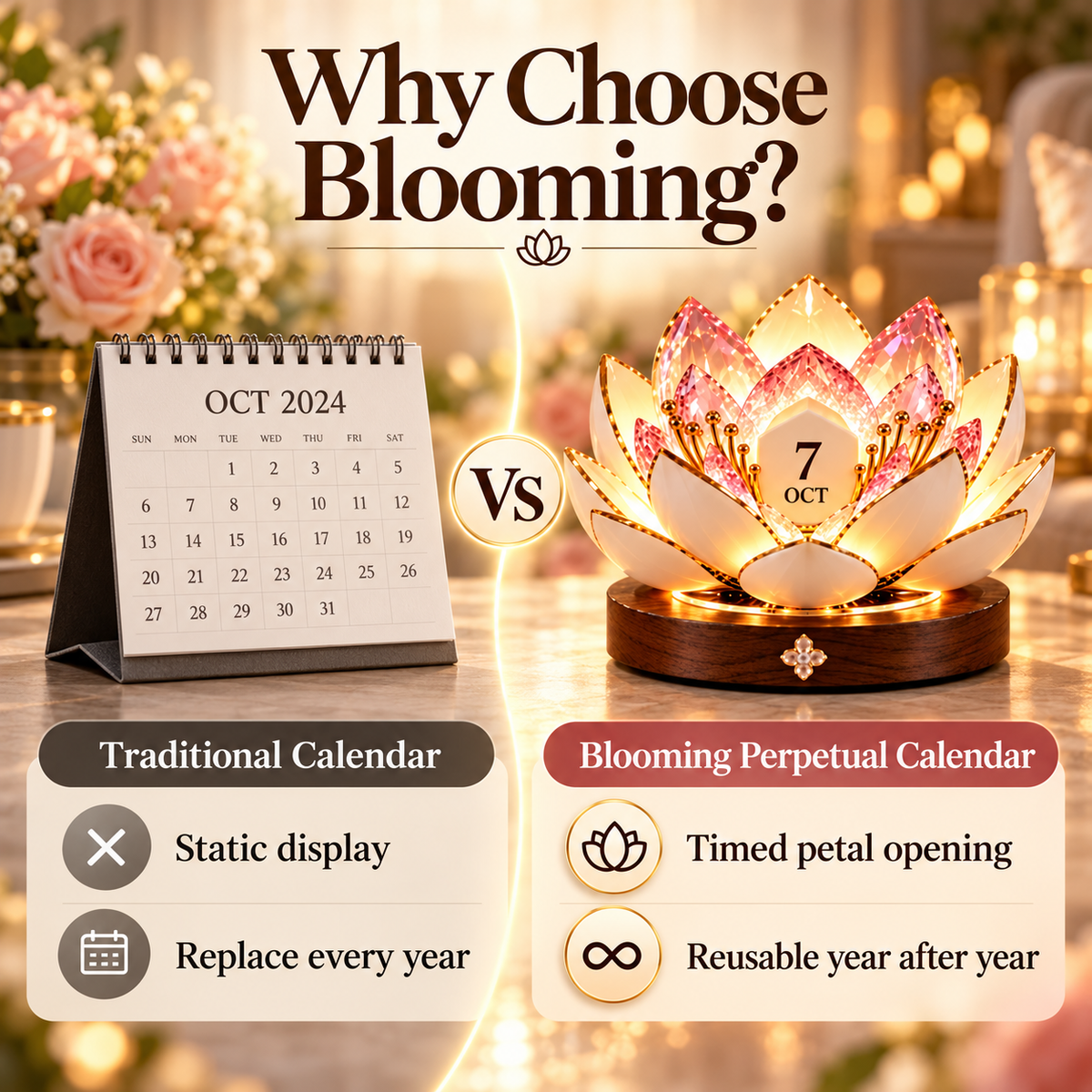 Visual comparison of a traditional paper calendar and the blooming lotus calendar