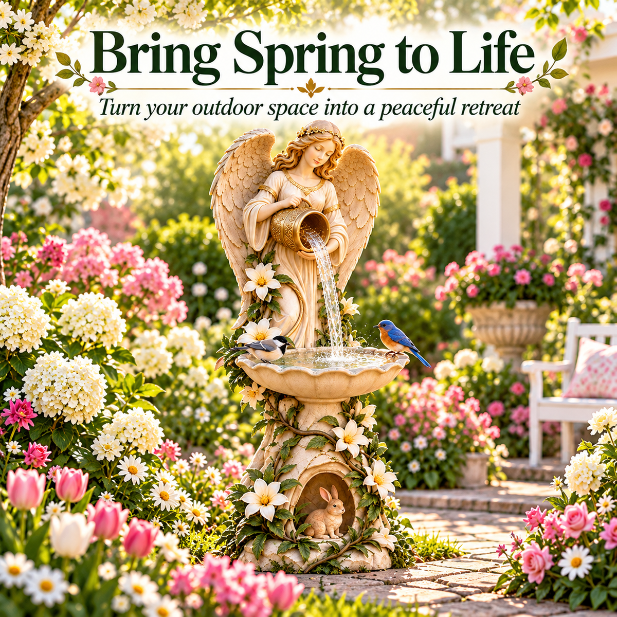 Angel-themed garden birdbath surrounded by colorful spring flowers
