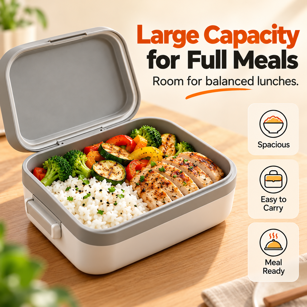 Open electric heated lunch box filled with rice, chicken and vegetables