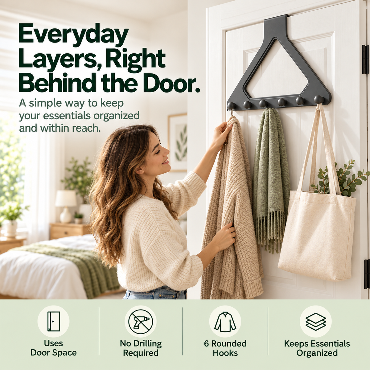 🚪 6-Hook Over-the-Door Organizer – No-Drill Triangle Hanging Rack for Clothes, Towels, Hats & Bags