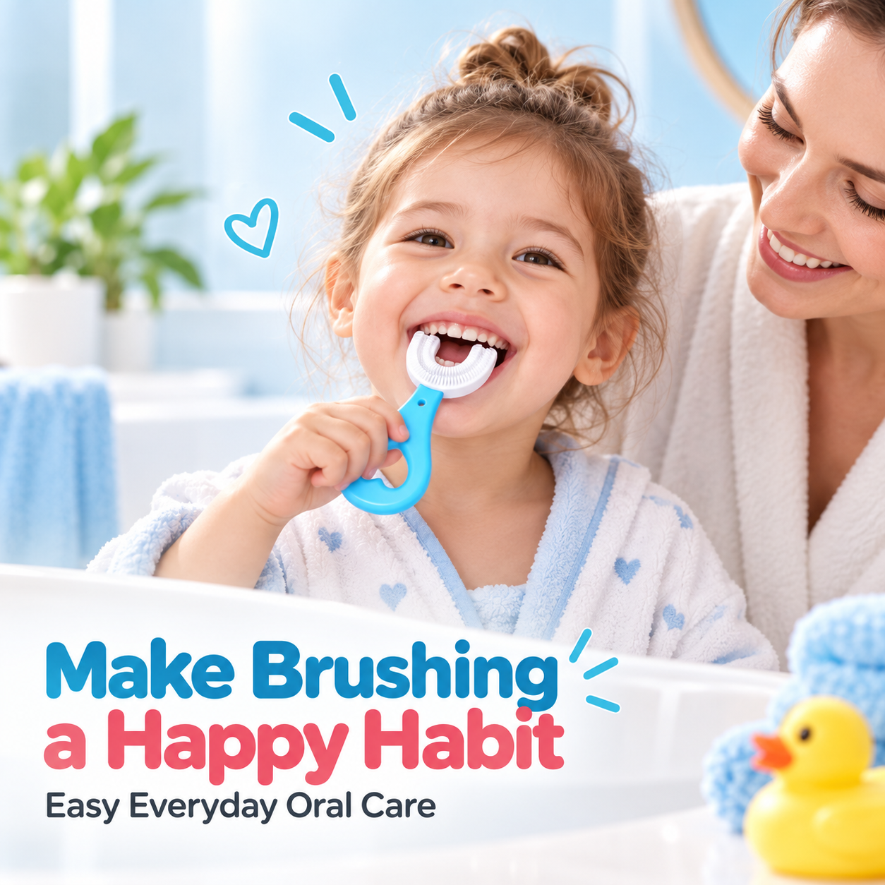 Child learning to use the toothbrush with a parent