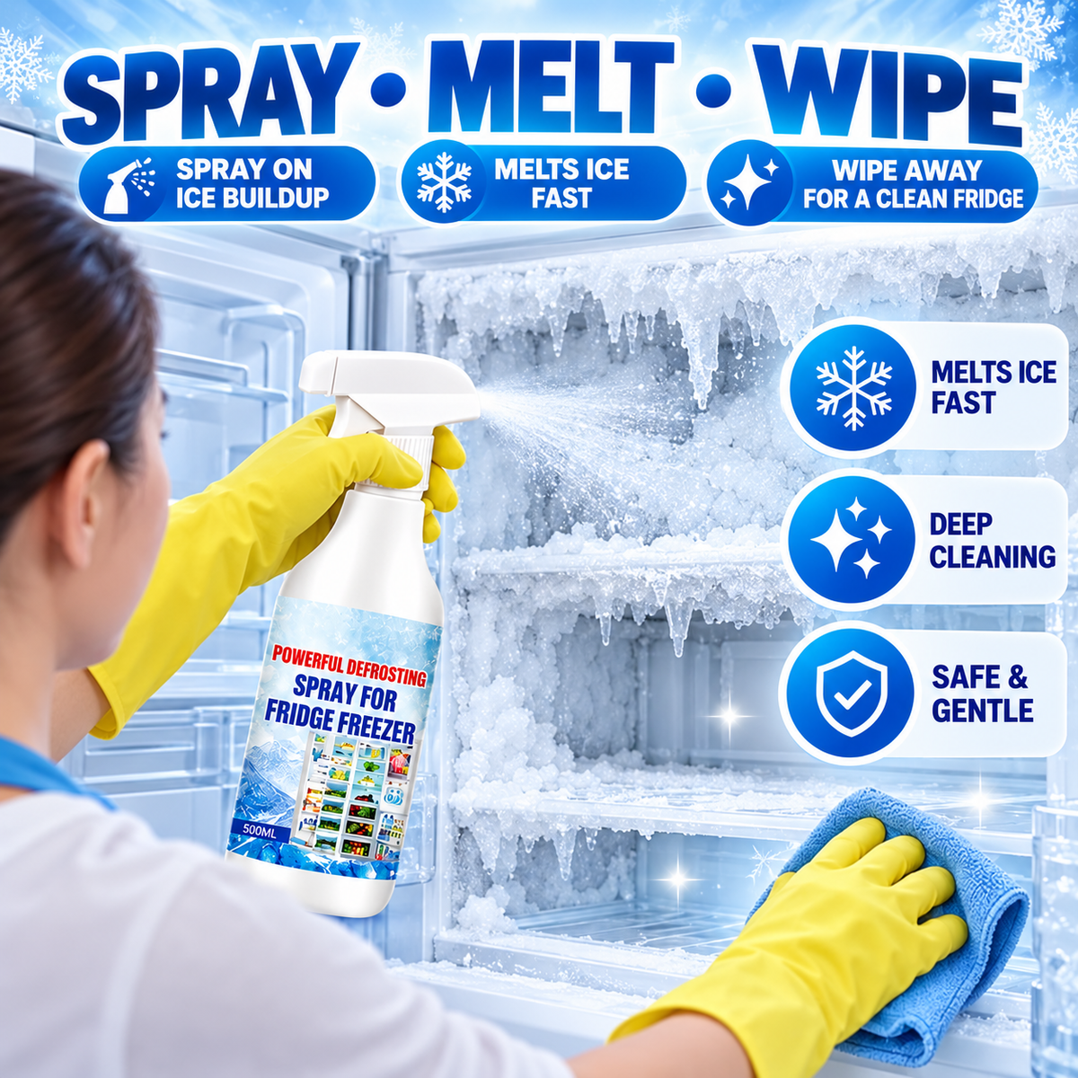 Spray melt and wipe refrigerator frost