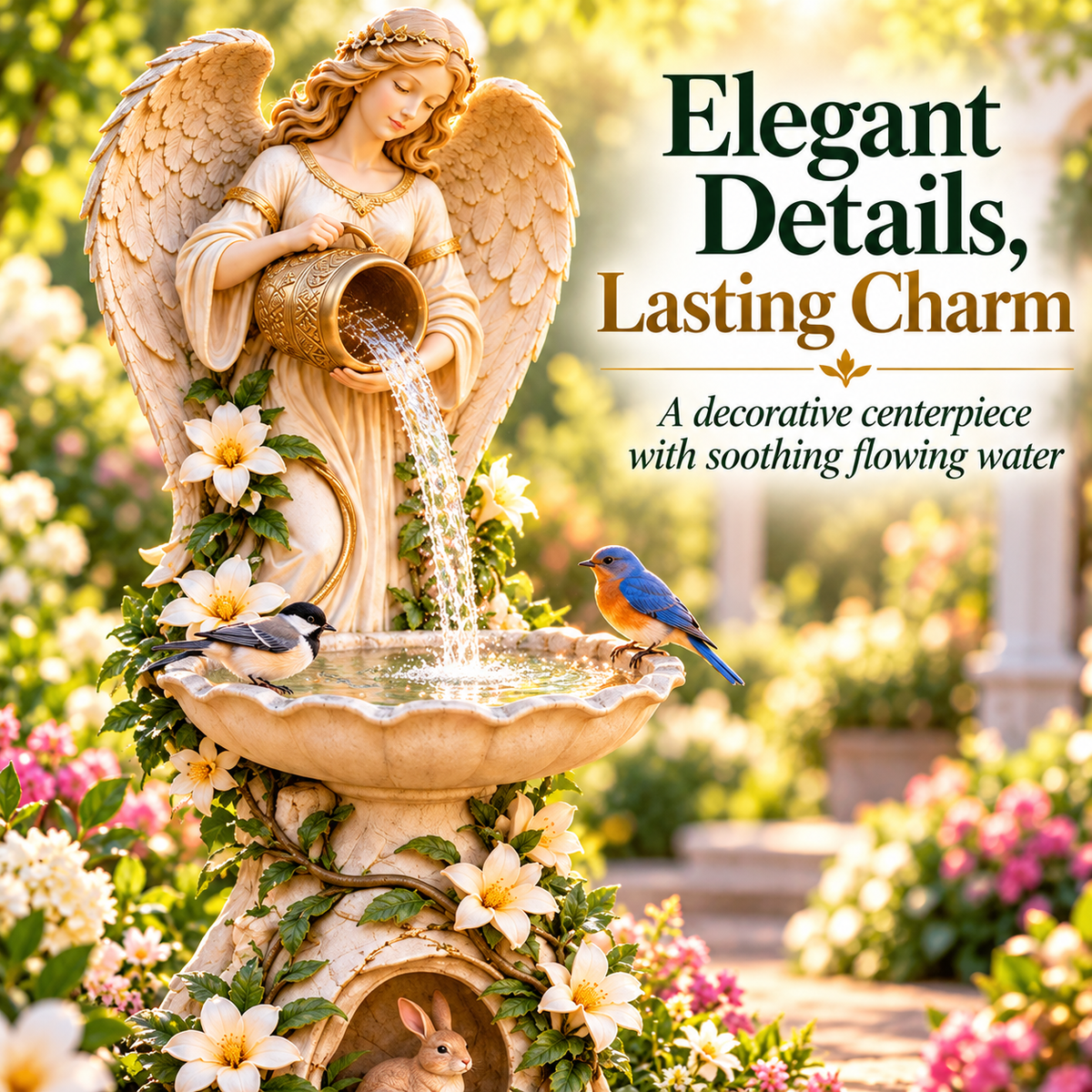 Close-up view of the angel sculpture, decorative flowers and birdbath basin