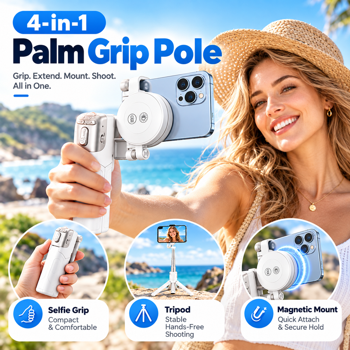 📸✨ Magnetic Palm Grip Selfie Stick & Tripod – 3-in-1 Adjustable Phone Holder