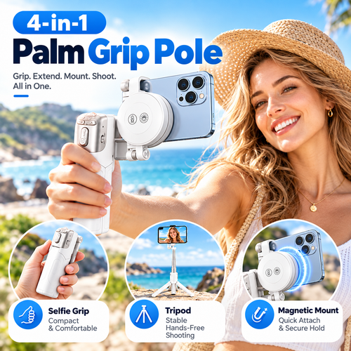📸✨ Magnetic Palm Grip Selfie Stick & Tripod – 3-in-1 Adjustable Phone Holder