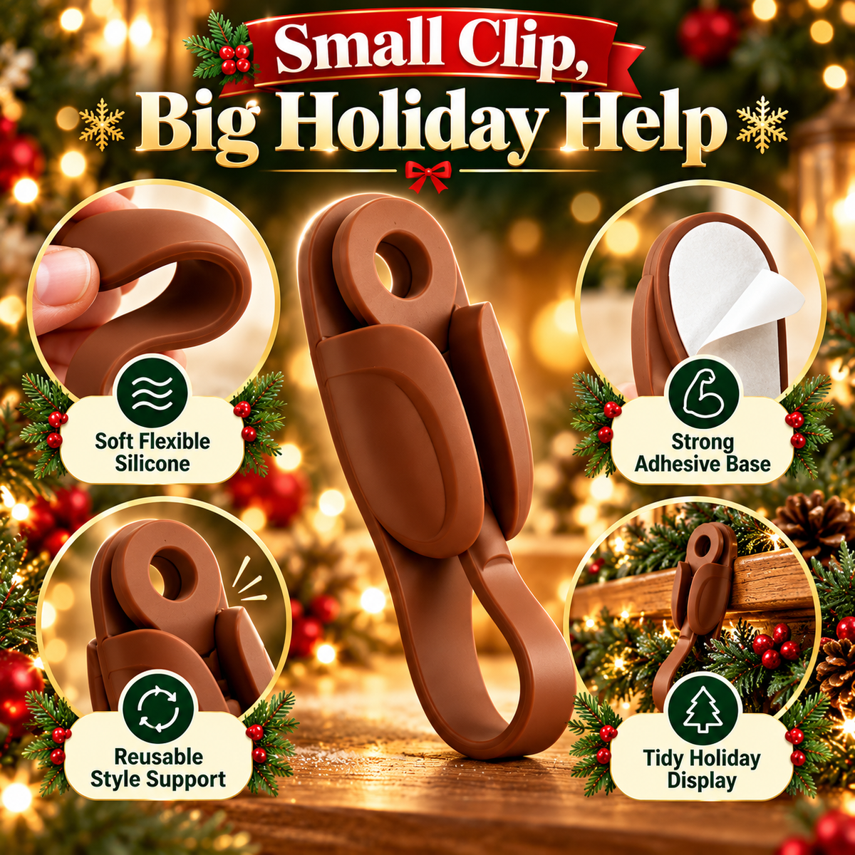 Close-up of flexible silicone garland clip and adhesive backing