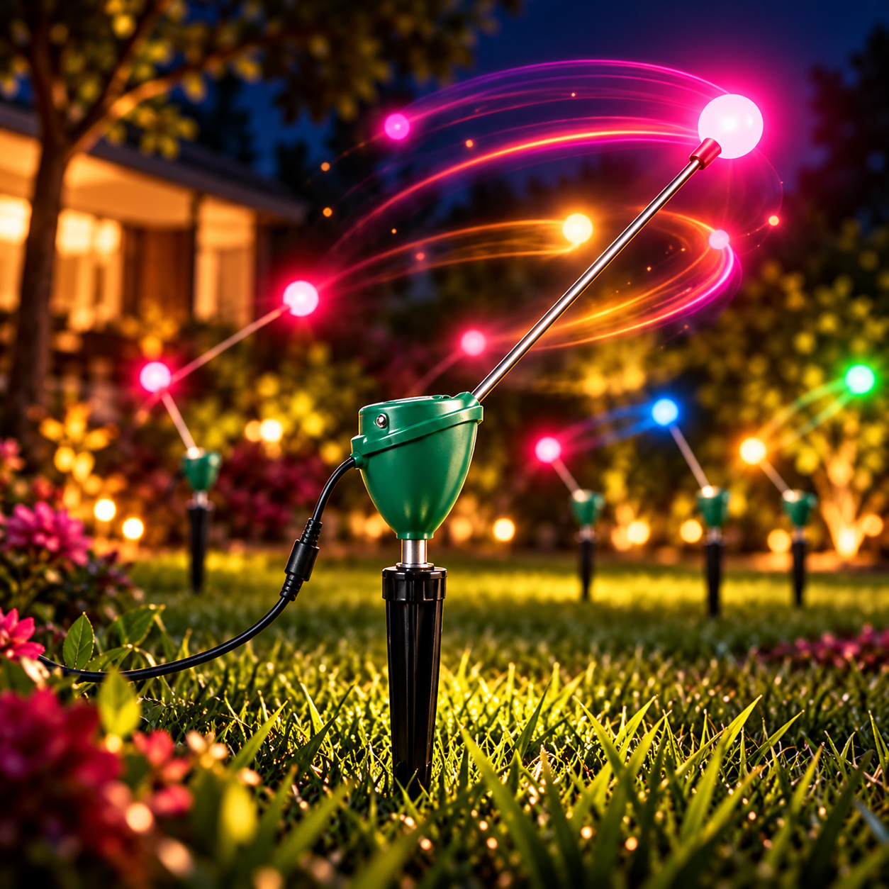 Close-up of a colorful firefly-style garden light with a glowing bulb