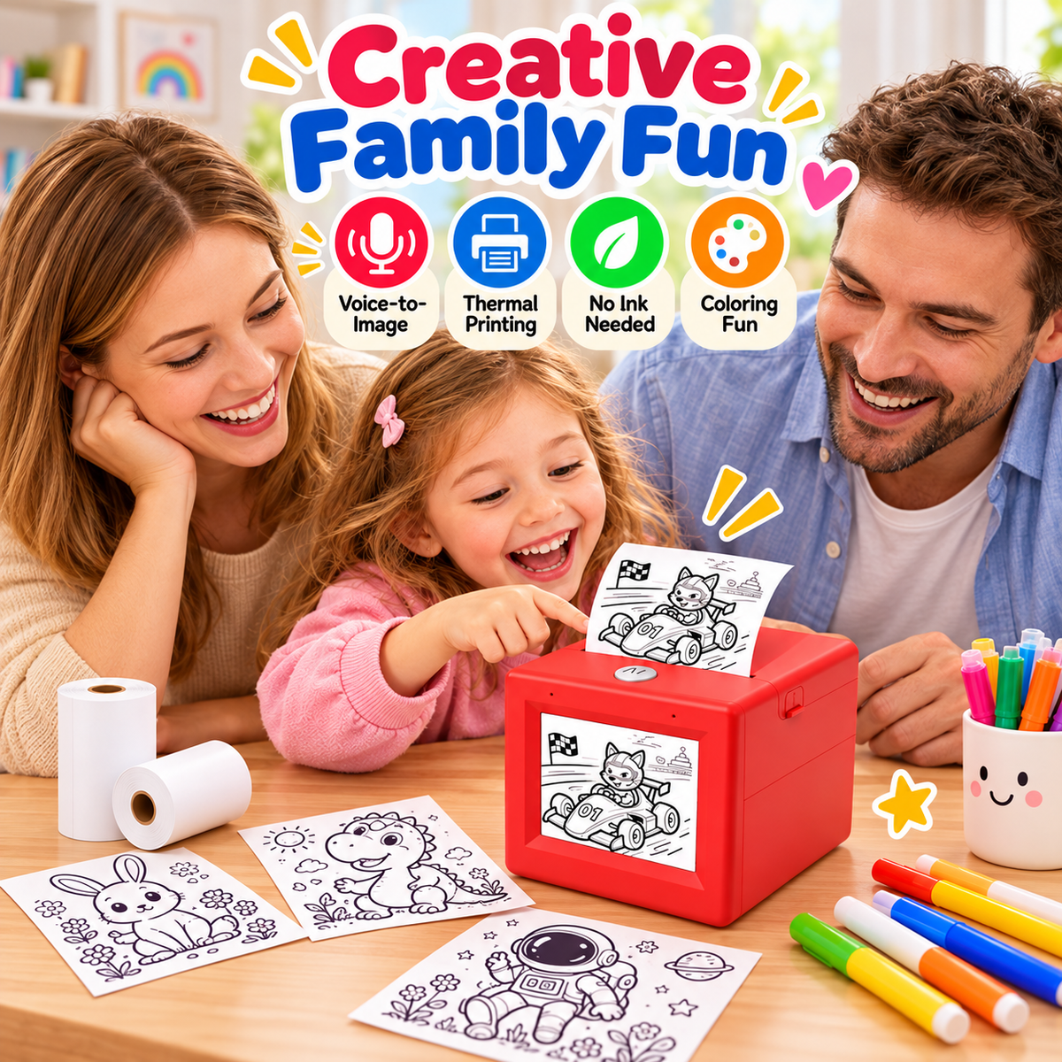Family enjoying a creative drawing activity with the mini sticker printer