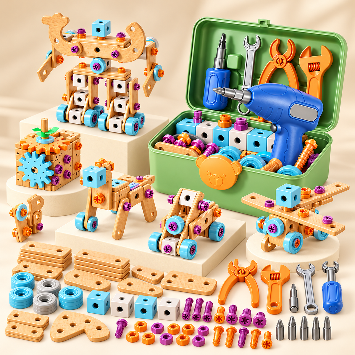 Different construction models built with the children's educational DIY tool kit