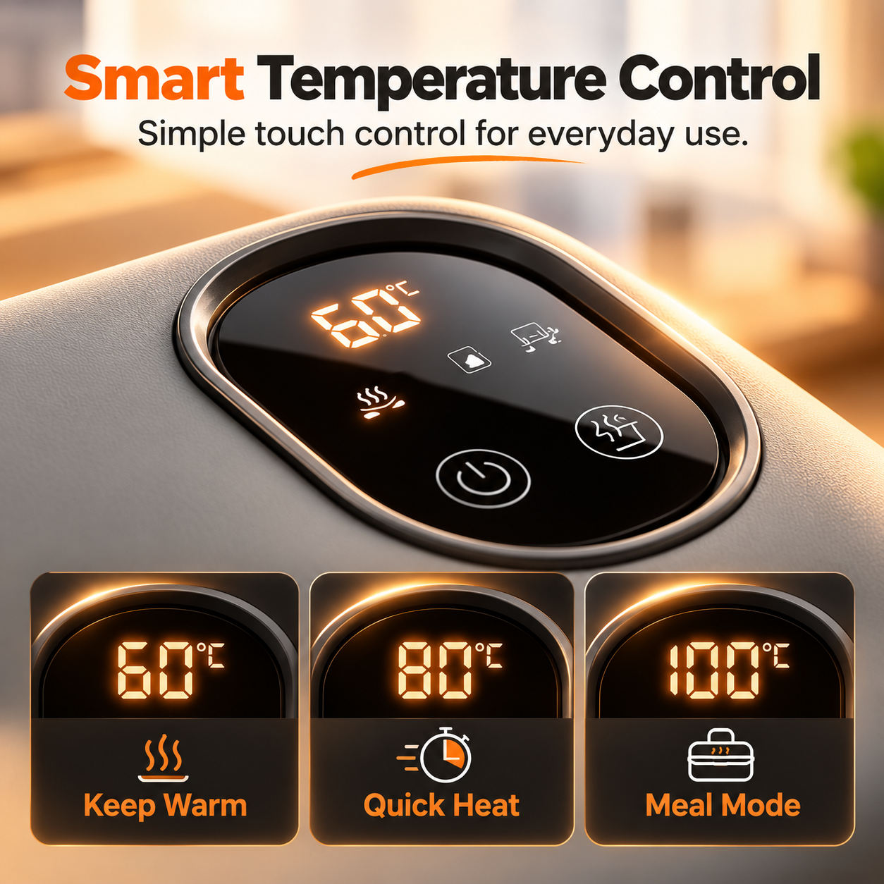 Close-up of the electric lunch box digital temperature control panel