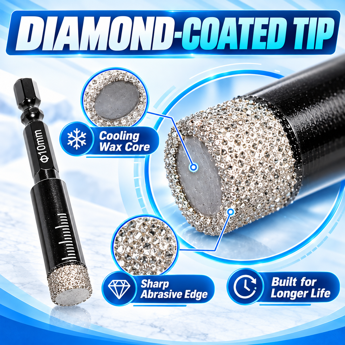 Close-up view of diamond-coated drilling tip and cooling wax core
