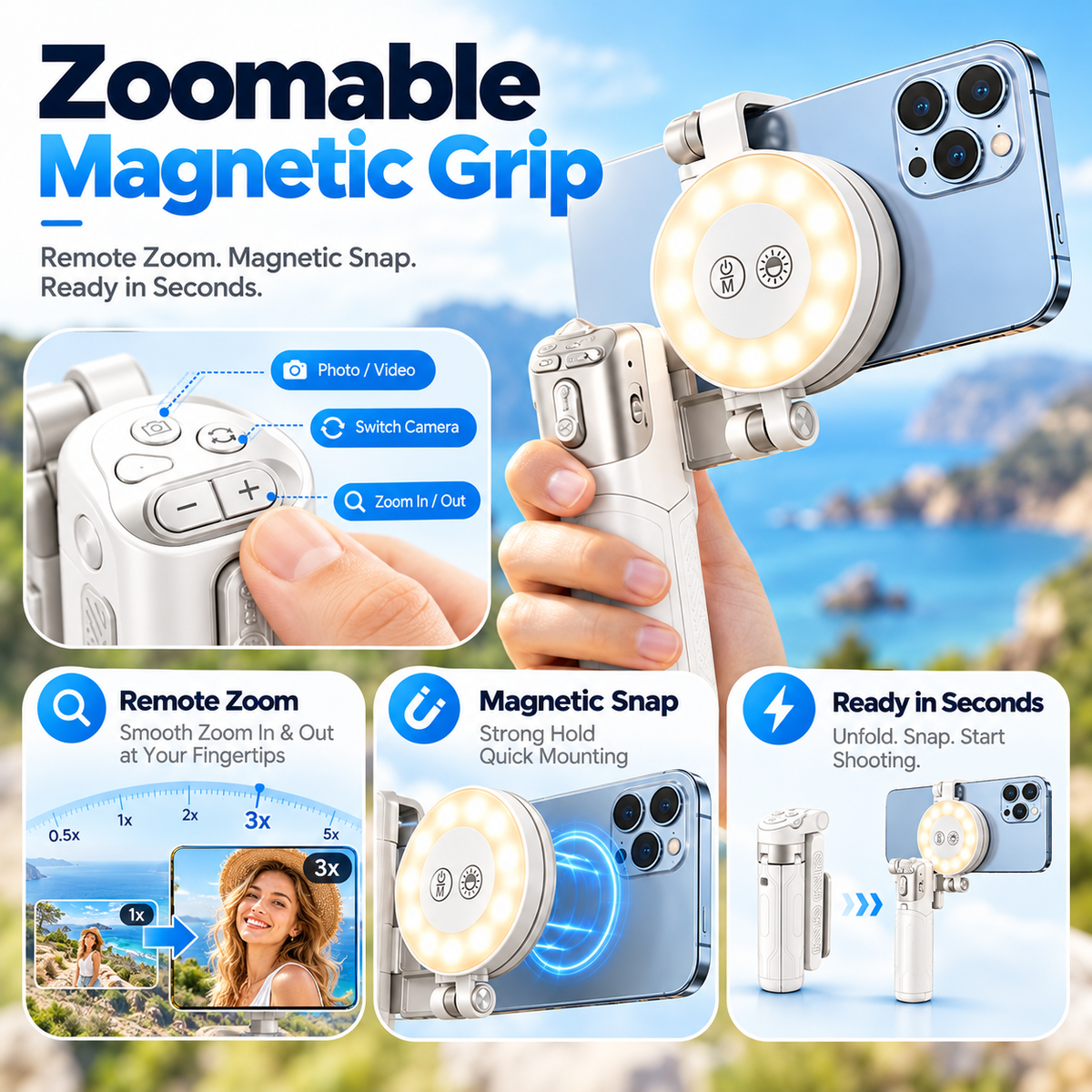 📸✨ Magnetic Palm Grip Selfie Stick & Tripod – 3-in-1 Adjustable Phone Holder