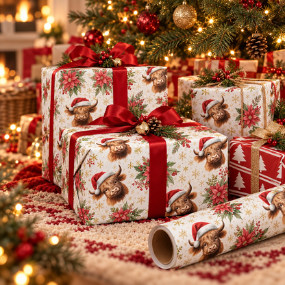 🎄🐮 Christmas Highland Cow & Floral Wrapping Paper Roll – Festive Holiday Gift Wrap