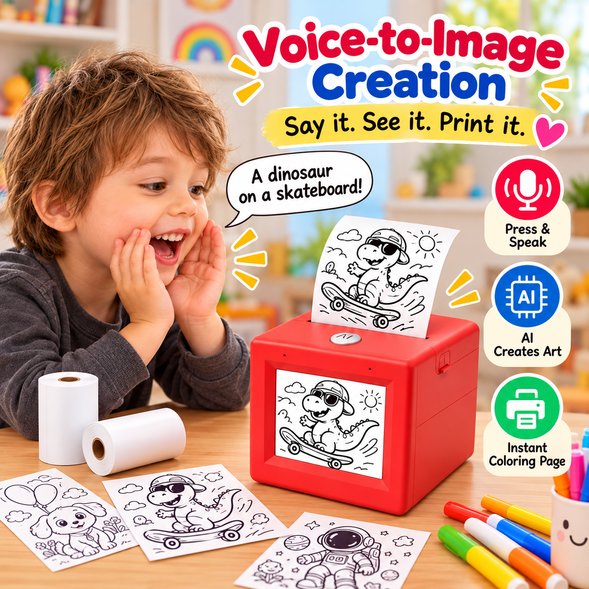 Child using the AI voice-to-image feature to create a dinosaur illustration