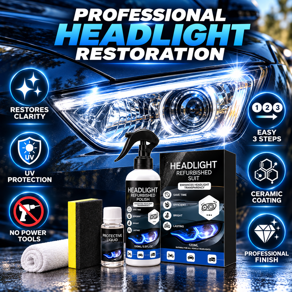 💡 Crystal Coating Headlight Restoration Fluid – Restore Clarity & Shine to Cloudy, Yellowed Headlights