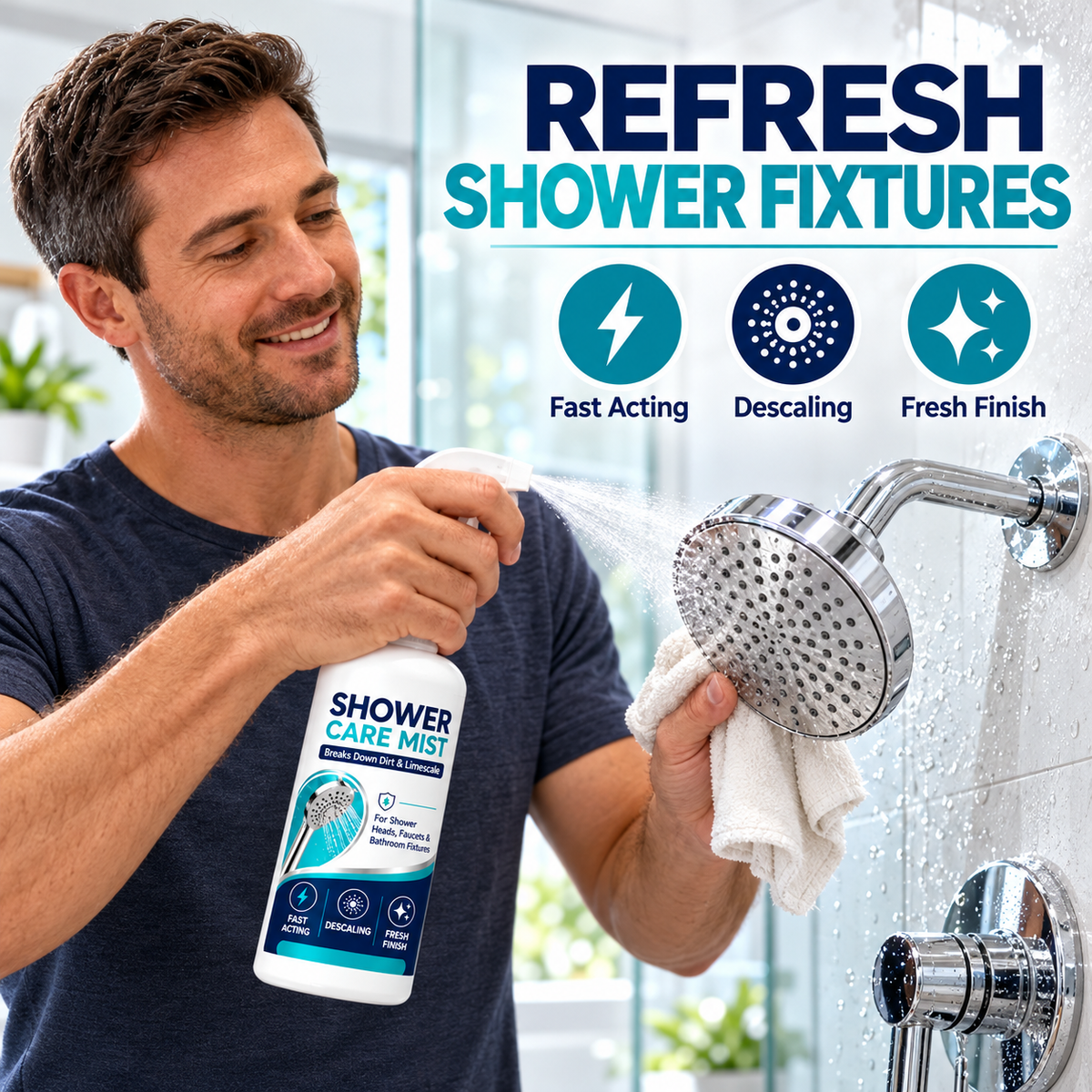 Person applying Shower Care Mist to a showerhead