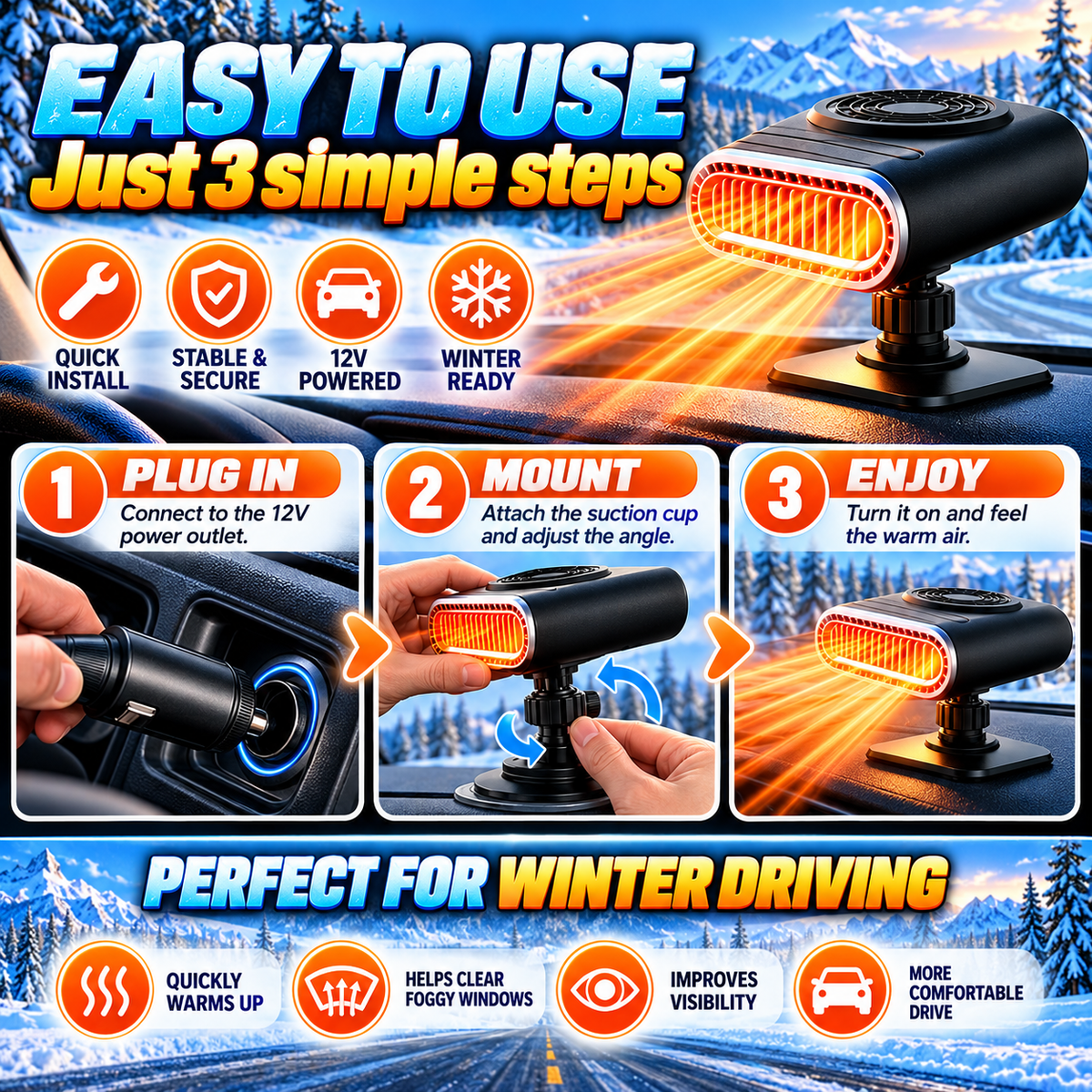 ❄️🔥 12V Portable Car Heater & Windshield Defogger – 360° Adjustable Fast Heating Fan for Winter Driving