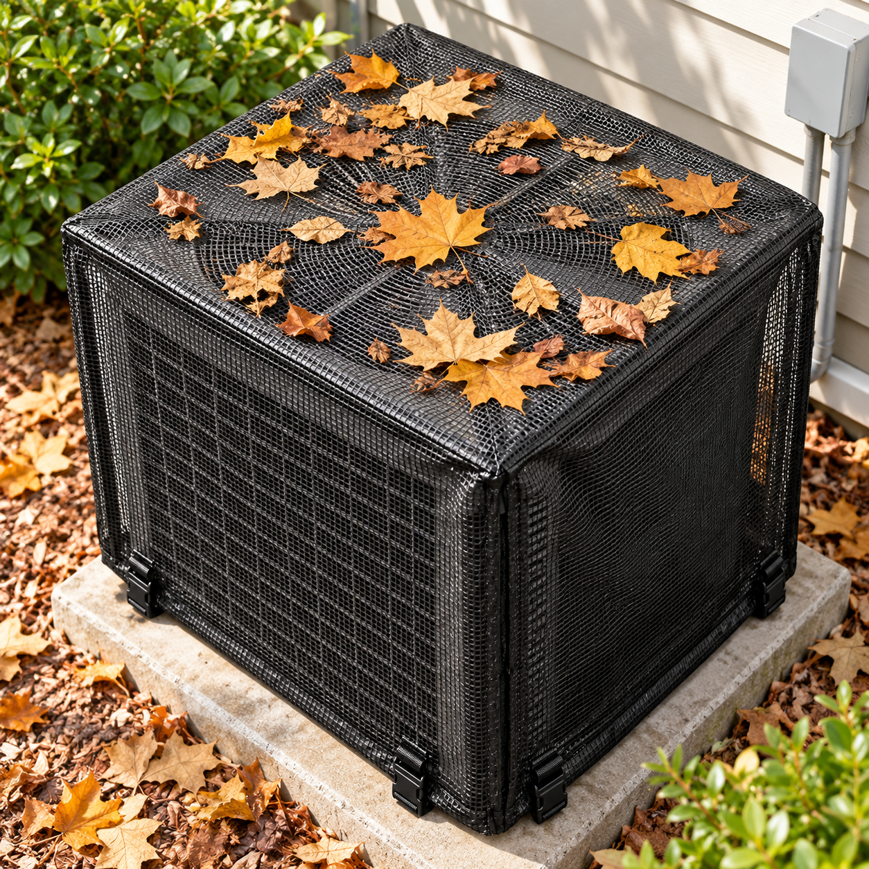 AC mesh cover catches falling leaves