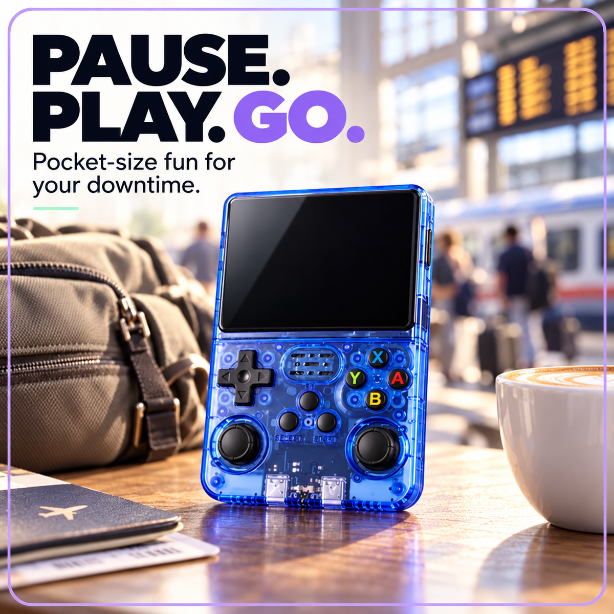 Blue R36S console displayed in a travel setting