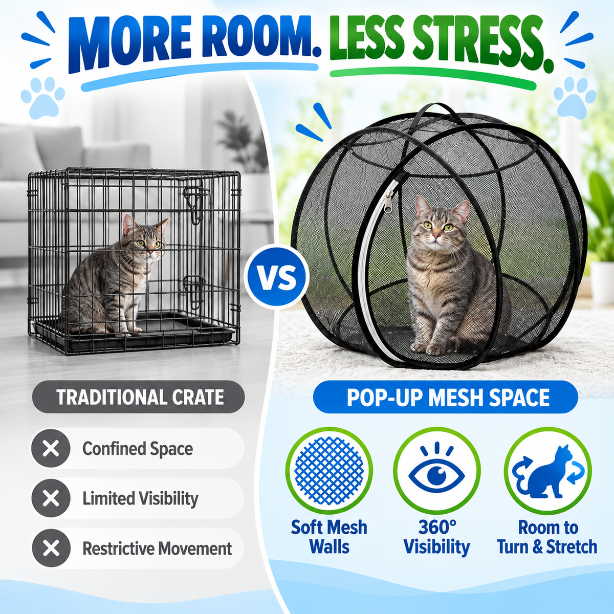 Visual comparison between a traditional crate and pop-up mesh playpen
