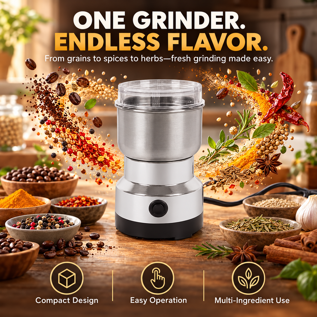 Grinder for fresh grains spices coffee and herbs