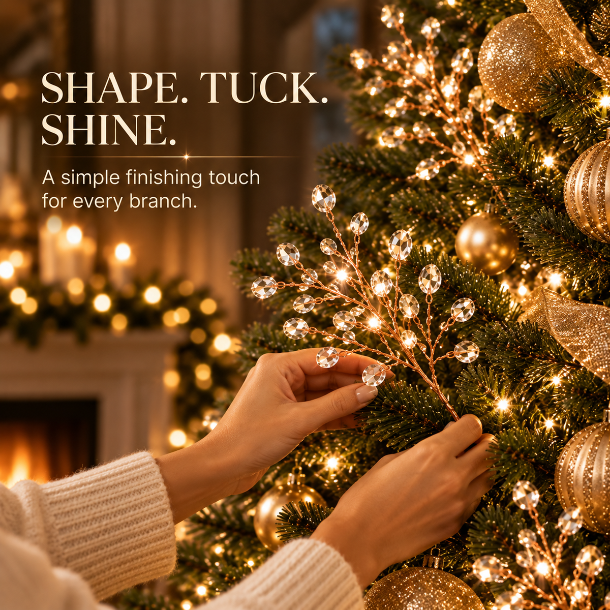 Hands positioning a crystal beaded decorative branch inside a Christmas tree