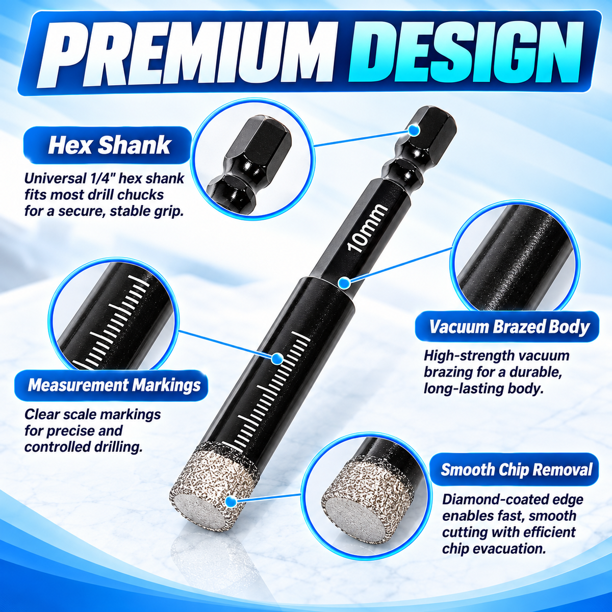 Detailed construction of diamond drill bit showing shank, body and cutting end