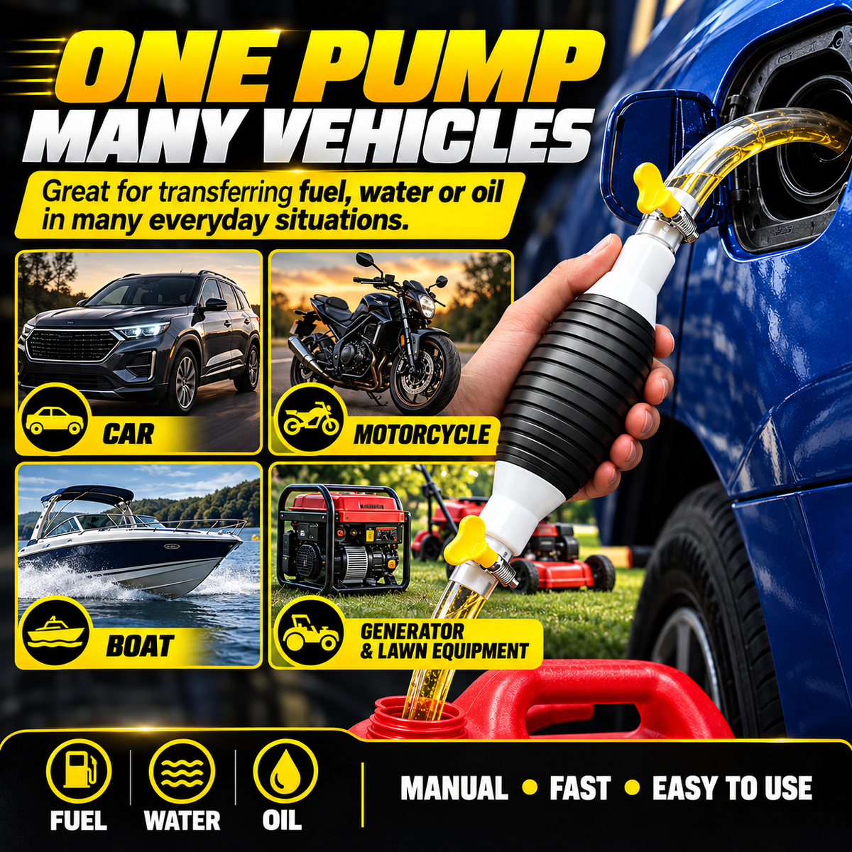 ⛽ Manual Siphon Transfer Pump Kit with 1M Hose – For Fuel, Water & Oil