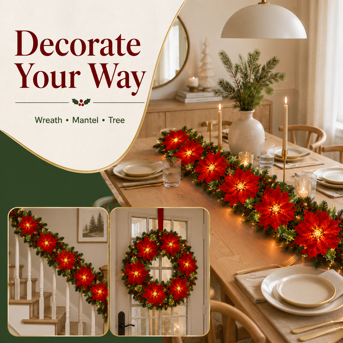 🎄 Poinsettia LED Garland Lights ✨ Magical Christmas Decor