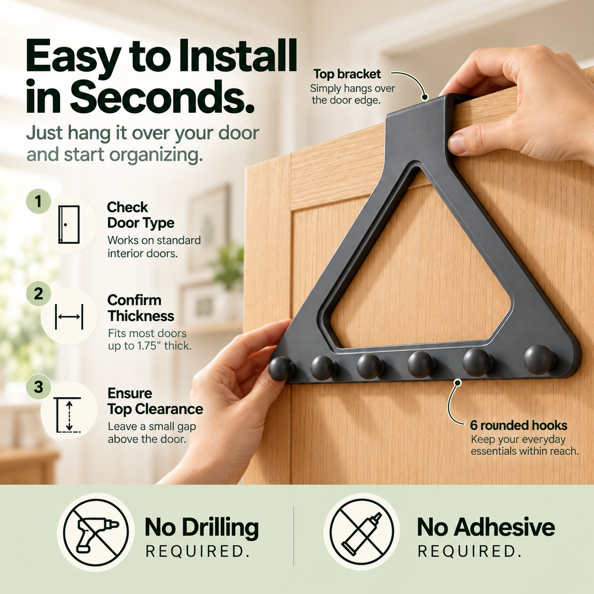 🚪 6-Hook Over-the-Door Organizer – No-Drill Triangle Hanging Rack for Clothes, Towels, Hats & Bags