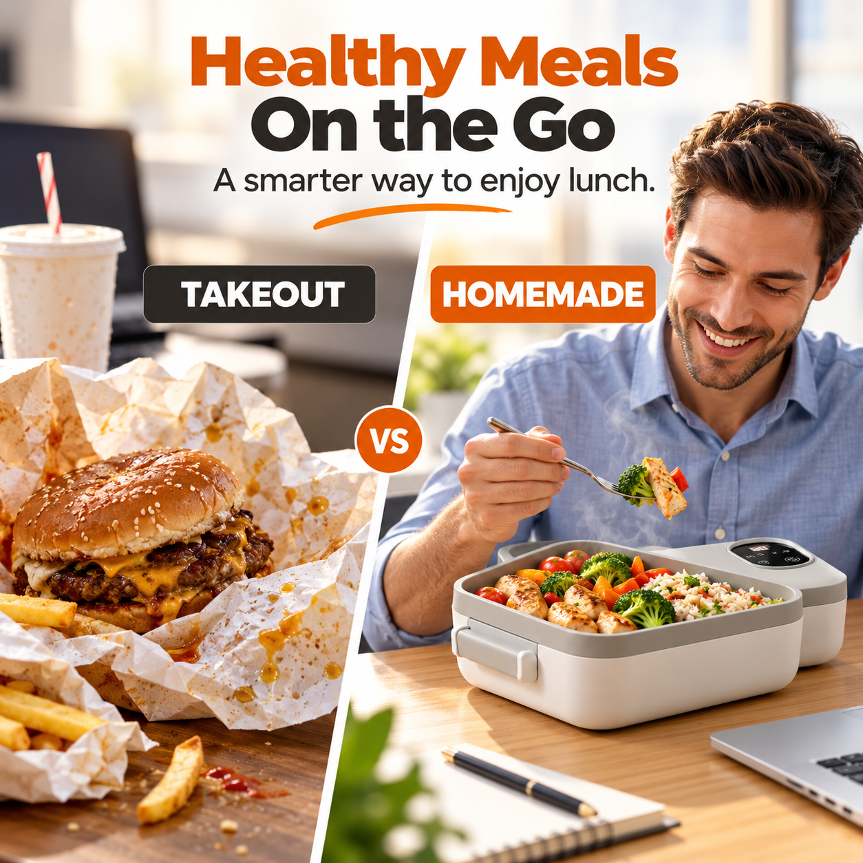 Homemade office lunch compared with everyday takeaway food