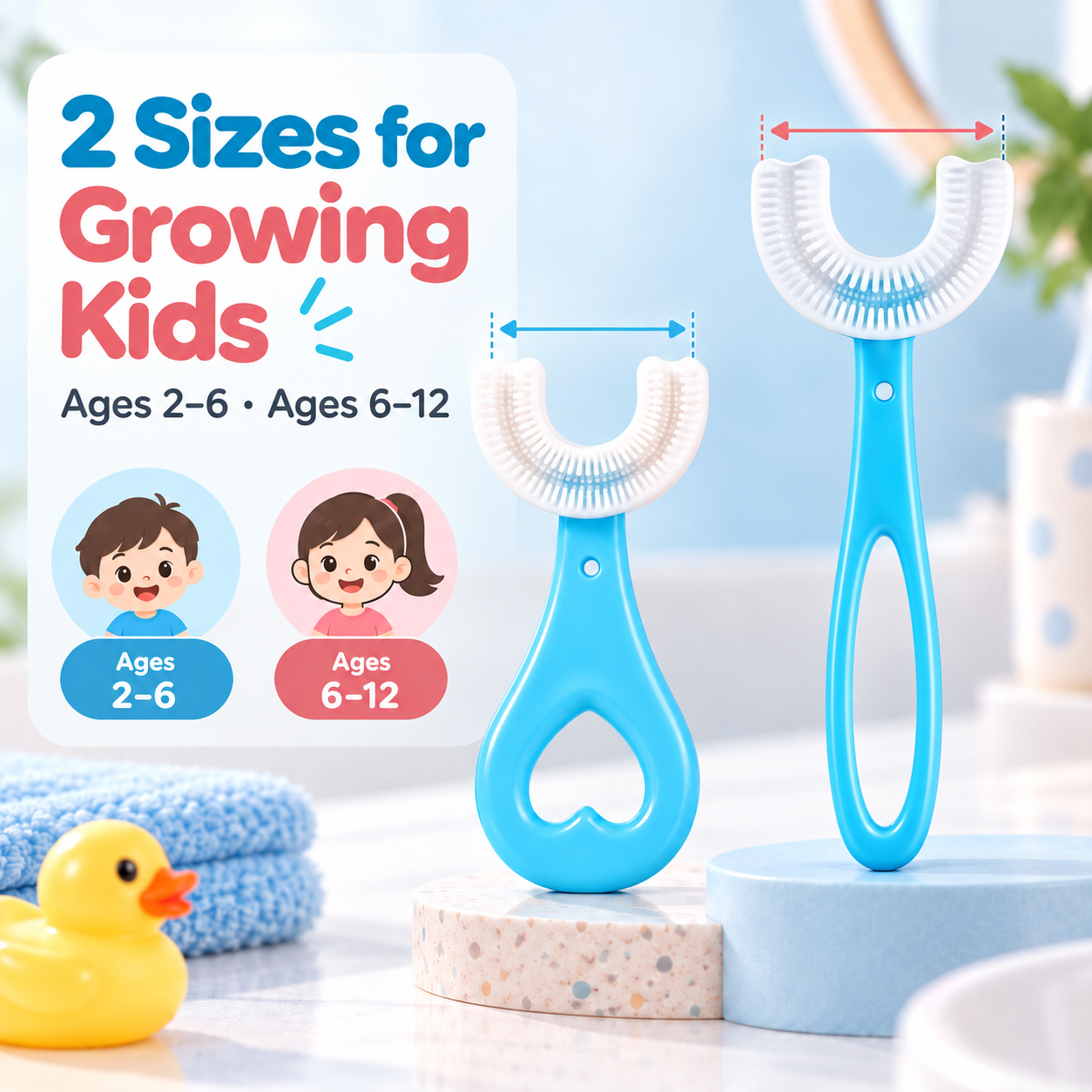 Two U-shaped toothbrush sizes for children