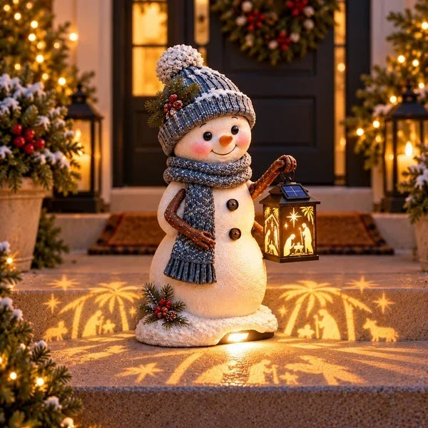 ⛄Snowman Nativity Glow – Solar Christmas Step Light with Holy Family Projection