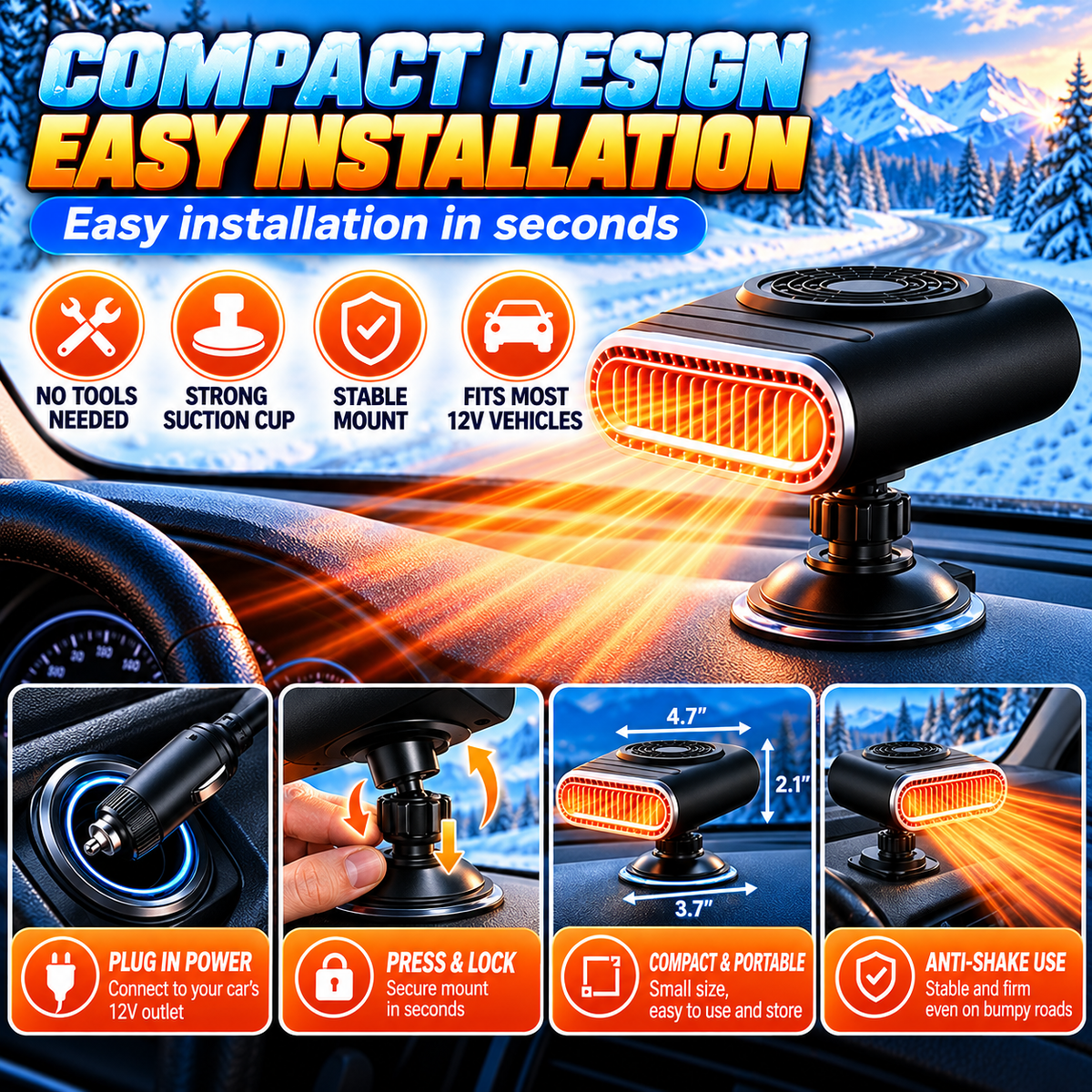 ❄️🔥 12V Portable Car Heater & Windshield Defogger – 360° Adjustable Fast Heating Fan for Winter Driving