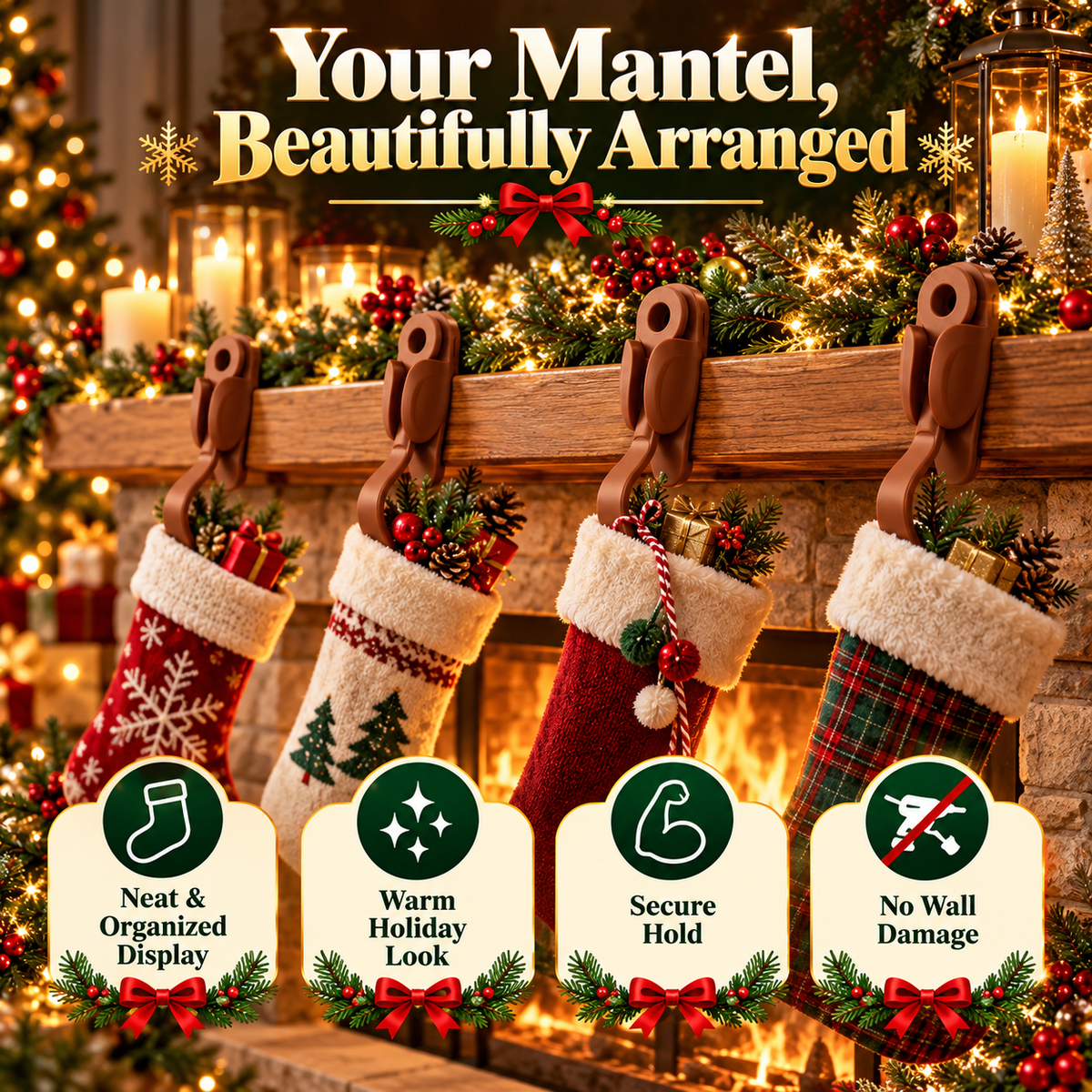 🎄 6-Pack No-Drill Christmas Garland Clips – Invisible Adhesive Holders for Mantels, Stairs & Holiday Decorations ✨