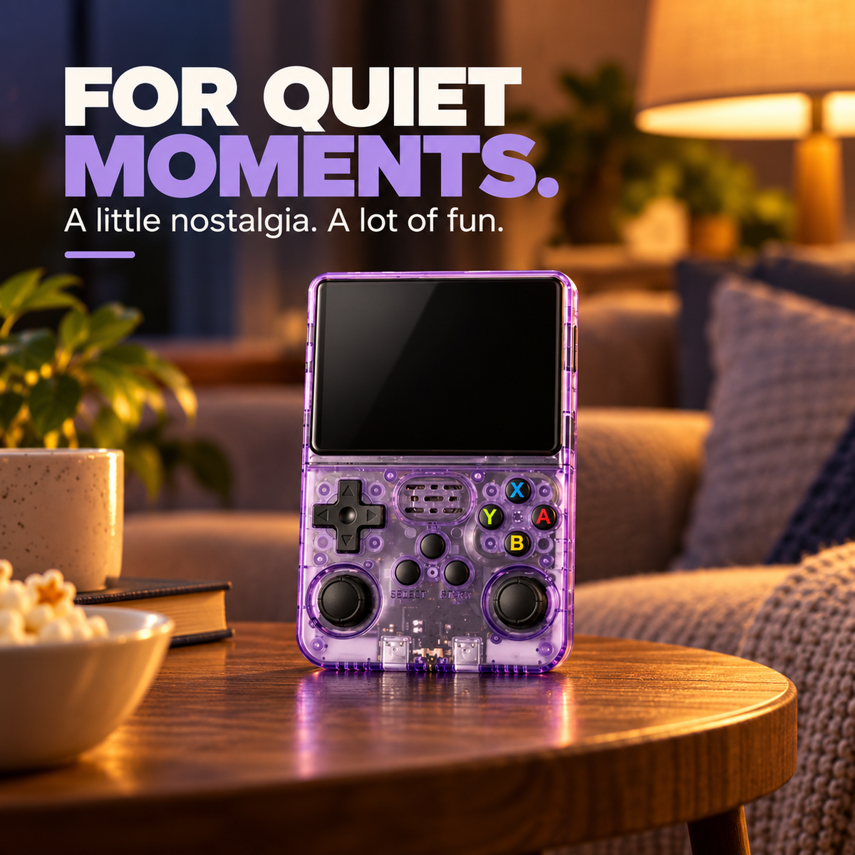 Purple R36S retro console in a cozy home setting