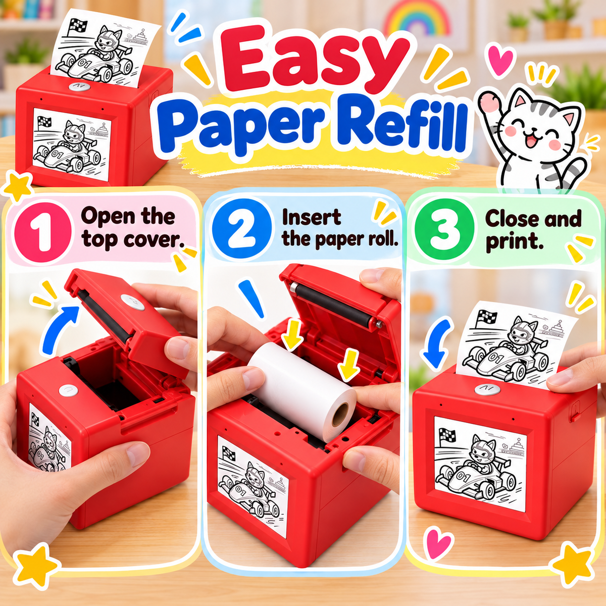 Three-step guide showing how to replace the printer paper roll