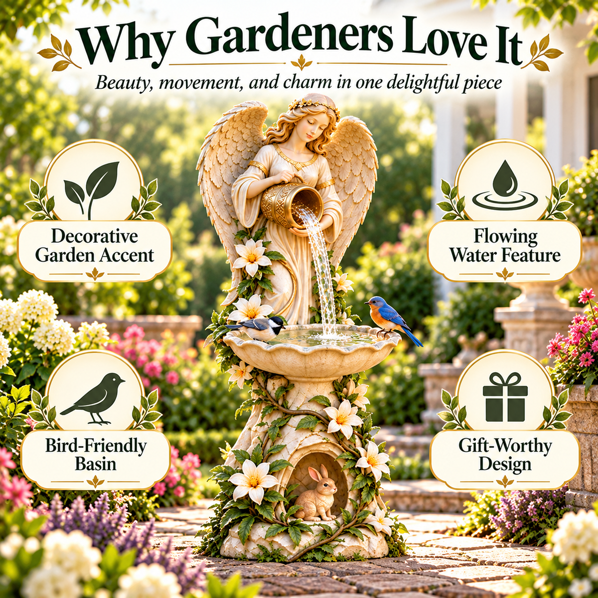 Garden birdbath product feature image showing decorative styling, water basin and floral design