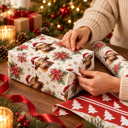 🎄🐮 Christmas Highland Cow & Floral Wrapping Paper Roll – Festive Holiday Gift Wrap