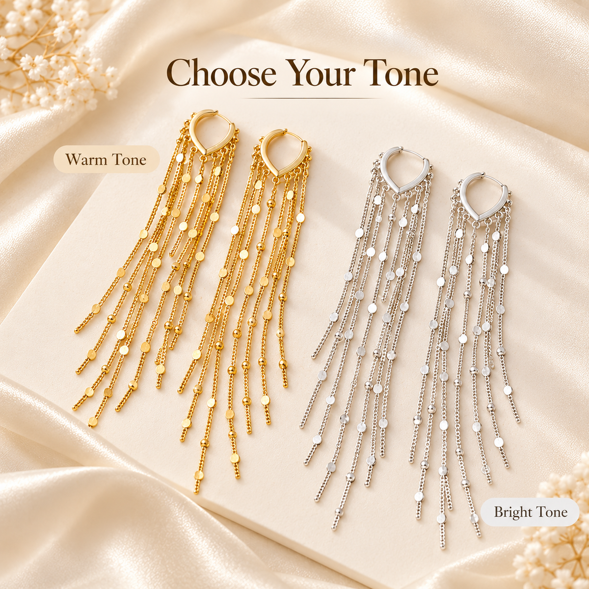Warm tone and bright tone long tassel earrings