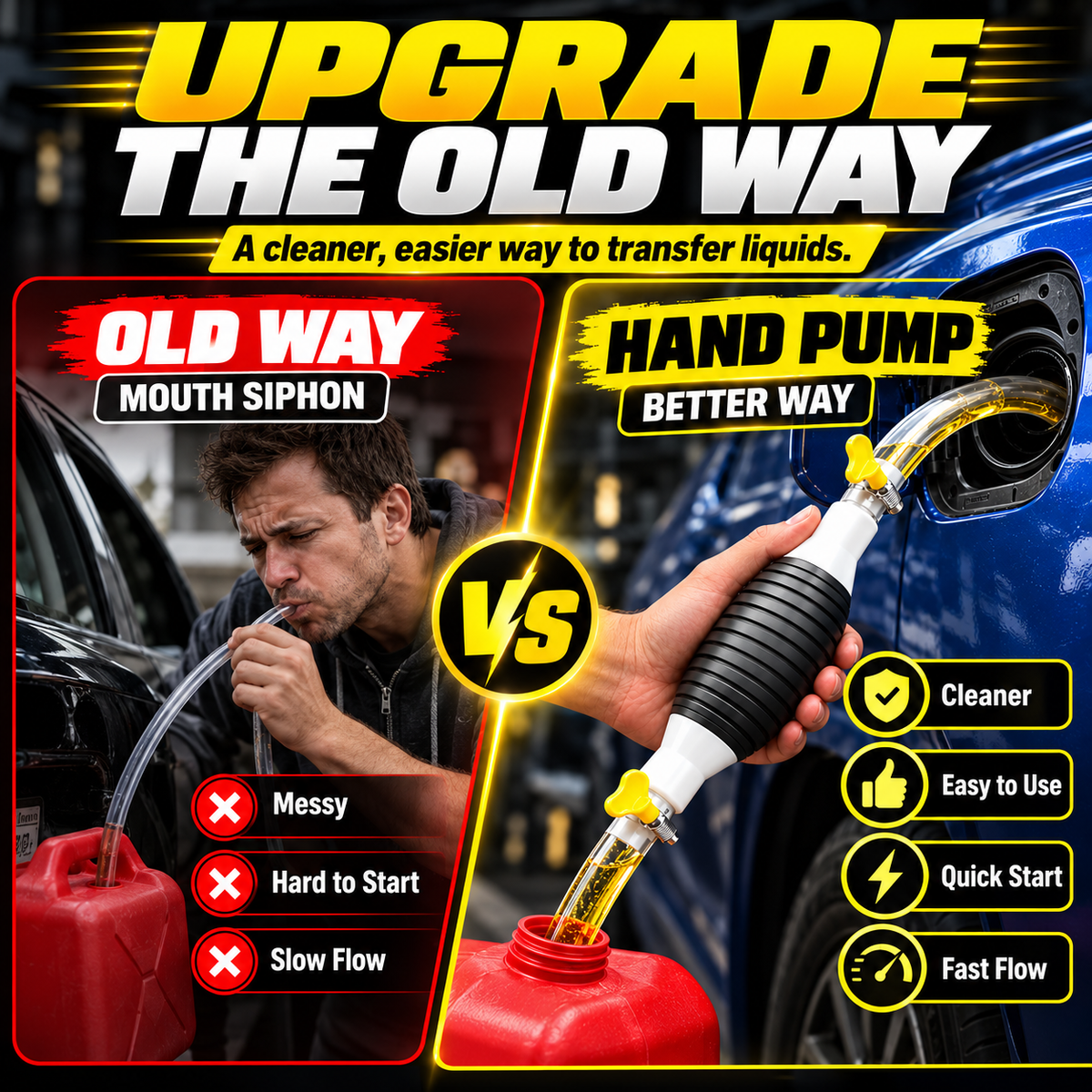 Hand pump versus mouth siphoning comparison
