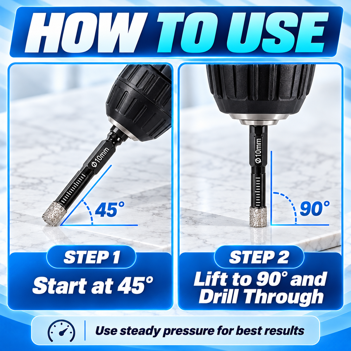 Instruction graphic showing angled and vertical drilling techniques