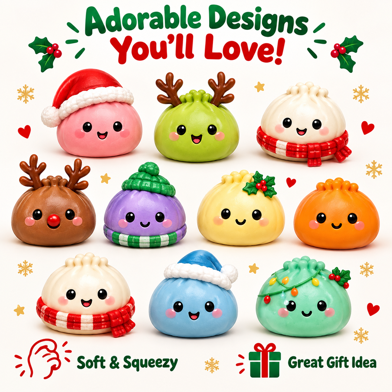 Cute Christmas squishy characters including snowman Santa and reindeer