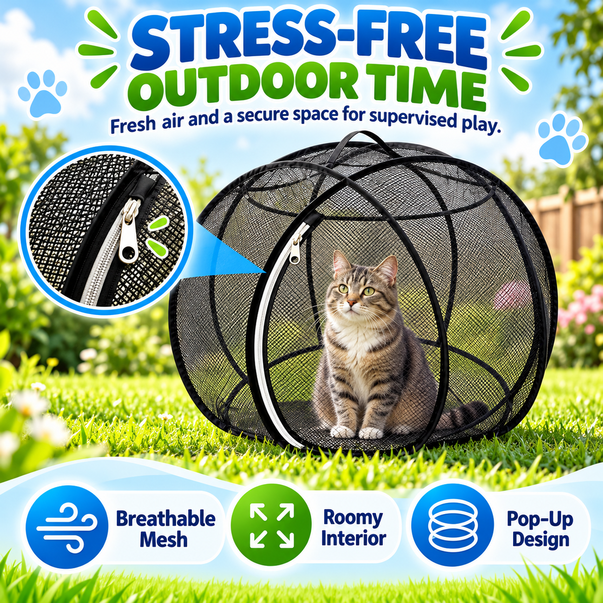 Breathable outdoor cat enclosure with mesh and zipper details