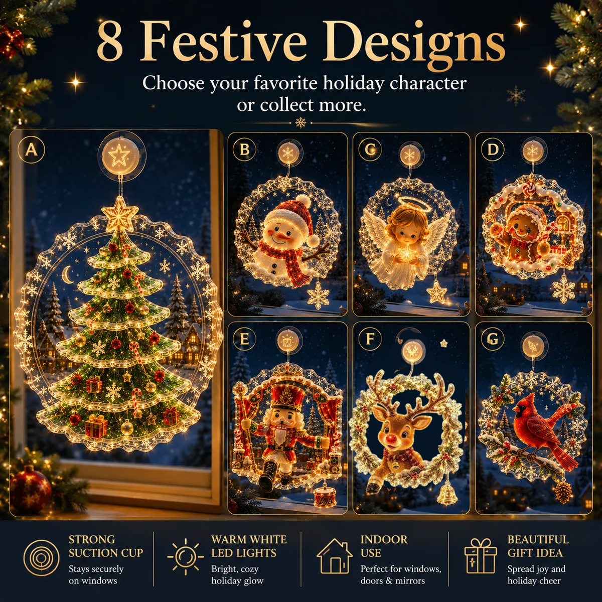 🎄Lighted Christmas Window Decoration with Suction Cup– 8 Warm LED Festive Designs✨
